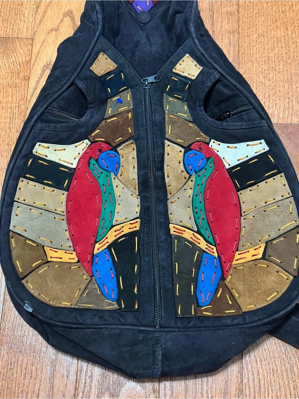 Black Suede Bird Carrier Backpack with Red & Blue Parrot Design